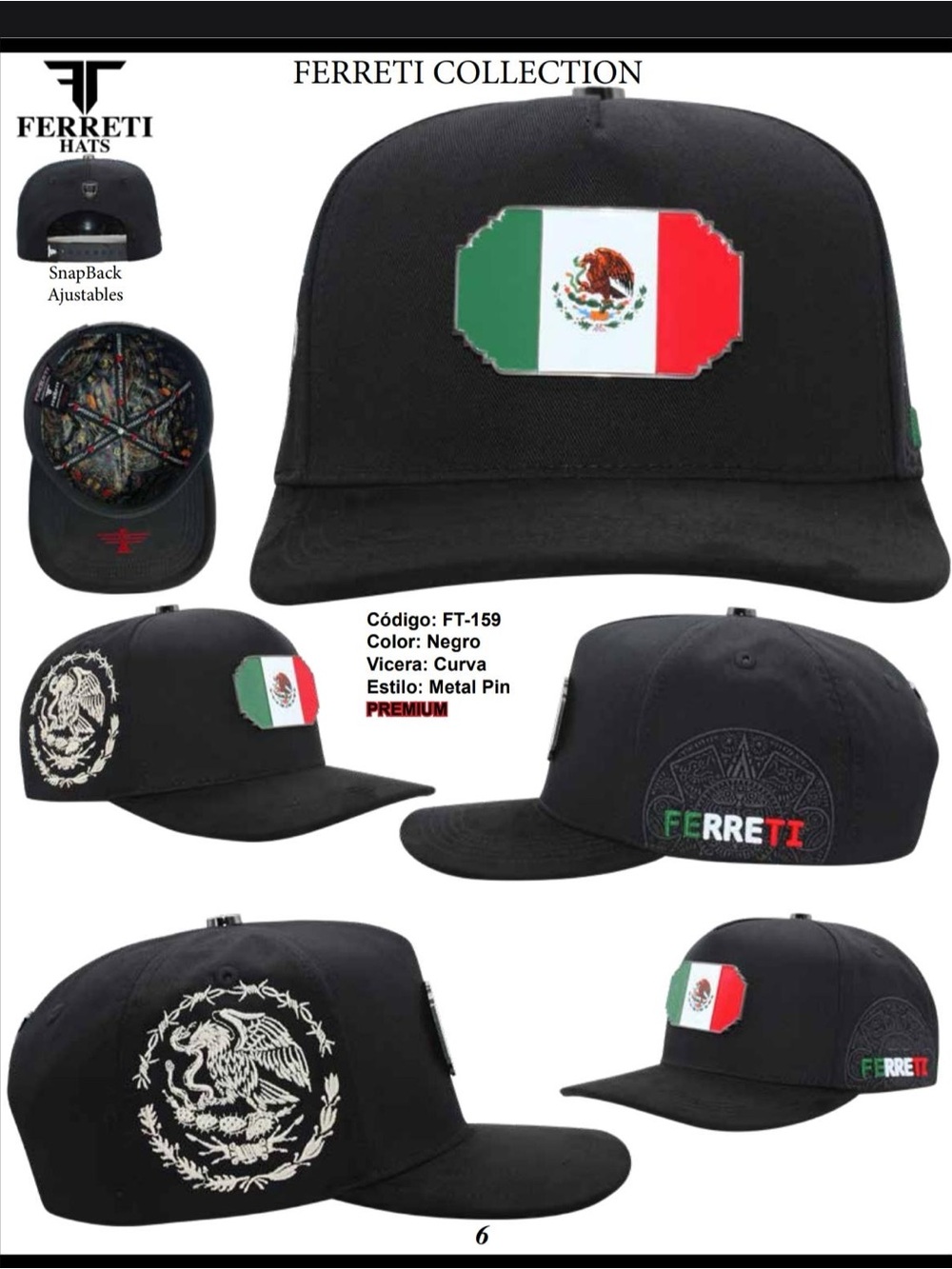 Ferreti Black Snapback Hat with Mexican Flag Metal Pin